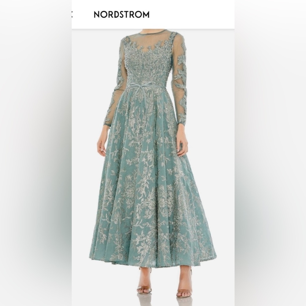 Mac Duggal Teal Embroidered Beaded Long Sleeve Dress